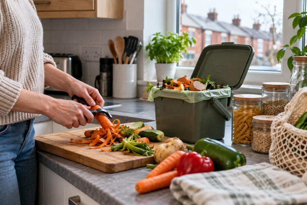 Preparing vegetables and separating food scraps to reduce household waste