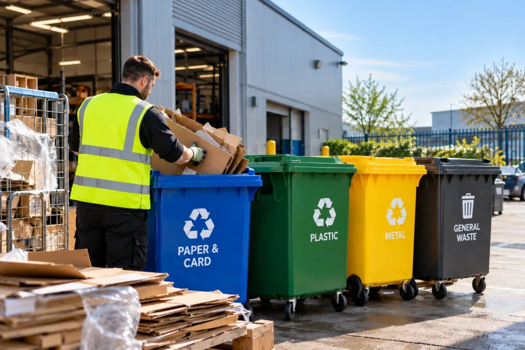 Business carbon footprint recycling and waste management with separate recycling bins 